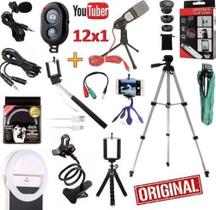 Kit Youtuber 12x1 Tripé 4 metros Celular Lente Universal + Bastao p2 disparador Fotos + 3 Mini tri