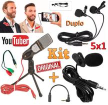 Kit Youtuber 5x1 Microfone Condensador Mesa Profissional + Microfone Duplo Lapela Celular Câmera Dslr Universal