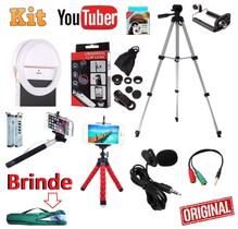 Kit Youtuber 8x1 Tripé 1,30m + Luz de Selfie Ring Light + Microfone Lapela Celular Smartphone Bastão Lentes + Mini Tripé