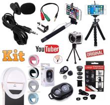 Kit Youtuber 9x1 Profissional Microfone de Lapela Celular Universal 2 Tripés Flexíveis Bastão Selfie + Flash Kit Lentes Kit Youtuber 9x1 Profissional Microfone de Lapela Celular Universal 2 Tripés Flexíveis Bastão Selfie + Flash Kit Lentes