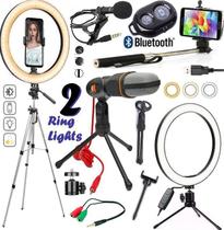 Kit Youtuber Completo Tripé Profissional + 2 Iluminador Anel de Luz Led Ring Light Microfone de Mesa Lapela Pau Selfie