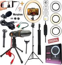 Kit Youtuber Lapela Microfone Condensador de Mesa Celular Tripé Profissional Luz Iluminador Ring Light Anel Portátil Led