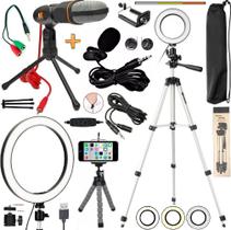 Kit Youtuber Lapela Microfone Condensador Mesa Tripé Profissional Universal Celular Gravação + Iluminador Ring Light Led