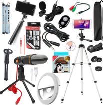 Kit Youtuber Microfone Condensador De Mesa Lapela Tripé Profissional Mini Clip Led Ring Light Pau de Selfie Gravar Vídeo