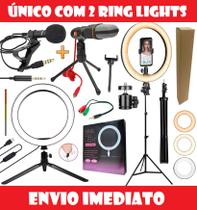 Kit Youtuber Microfone Condensador de Mesa Profissional Luz Led Iluminador 2 Ring Light Tripé Gravação de Vídeo Celular