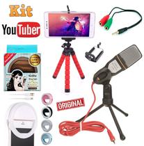 Kit Youtuber Microfone Condensador Mesa + Mini Tripé Flexível Celular Câmera + Flash Selfie Led Universal - Leffa Shop
