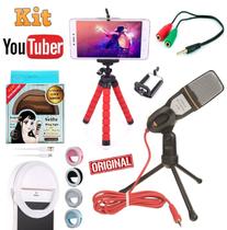 Kit Youtuber Microfone Condensador Mesa + Mini Tripé Flexível Celular Câmera + Flash Selfie Led Universal
