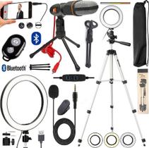 Kit Youtuber Microfone Condensador + Tripé Profissional De Celular Luz Anel Led Iluminador Ring Light Gravação de Vídeo