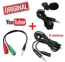 Kit Youtuber Microfone de Lapela Celular Câmera + Adaptador + Extensão 3 Metros Universal