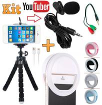 Kit Youtuber Microfone de Lapela + Mini Tripé Flexível + Luz Flash Selfie Ring Light Recarregável Celular Universal