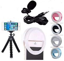 Kit Youtuber Microfone De Lapela Para Celular Smartphone + Flash Led Anel Recarregável + Mini Tripé