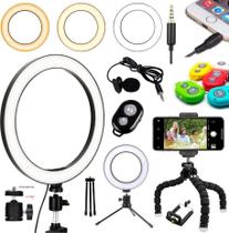 Kit Youtuber Microfone de Lapela Para Celular Universal Iluminador Ring Light + Tripé Controle Bluetooth Gravação Vídeo