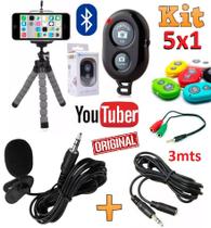 Kit Youtuber Microfone de Lapela Para Celular Universal + Mini Tripé Flexível Controle Bluetooth Extensão