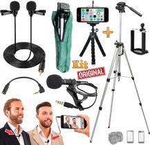 Kit Youtuber Microfone de Lapela Profissional Microfone Duplo Tripé 1,30m Câmera Celular Smartphone Vídeo Entrevista
