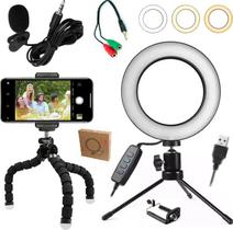 Kit Youtuber Microfone Lapela Celular + Tripé Flexível Iluminador Luz Led Ring Light Anel Flash Universal