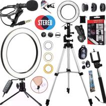 Kit Youtuber Microfone Lapela Celular Tripé Ring Light Luz Iluminador Led Profissional Lentes Gravação de Vídeo + Bastão Kit Youtuber Microfone Lapela Celular Tripé Ring Light Luz Iluminador Led Profissional Lentes Gravação de Vídeo + Bastão