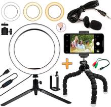 Kit Youtuber Microfone Lapela Celular Universal Tripé Luz Led Iluminador Ring Light Anel Gravação Vídeo