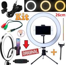 Kit Youtuber Microfone Lapela Iluminador Ring Light Luz Anel Led 26cm 10 Polegadas Flash Celular Universal + Mini Tripé Kit Youtuber Microfone Lapela Iluminador Ring Light Luz Anel Led 26cm 10 Polegadas Flash Celular Universal + Mini Tripé