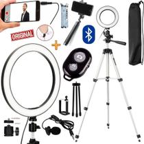 Kit Youtuber Microfone Lapela Led Ring Light Anel Iluminador + Tripé Profissional Câmera Celular Universal Pau de Selfie