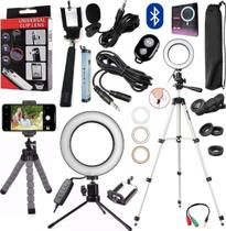 Kit Youtuber Microfone Lapela Luz Iluminador Ring Light Anel Tripé Profissional Pedestal Celular Universal Gravar Vídeo Kit Youtuber Microfone Lapela Luz Iluminador Ring Light Anel Tripé Profissional Pedestal Celular Universal Gravar Vídeo