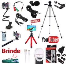 Kit Youtuber Microfone Lapela Tripé 1,30m Flash Ring Light Câmera Celular Kit Lentes Bastão + Articulado + Extensão 3mt Kit Youtuber Microfone Lapela Tripé 1,30m Flash Ring Light Câmera Celular Kit Lentes Bastão + Articulado + Extensão 3mt