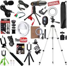 Kit Youtuber Microfone Lapela + Tripé Iluminador Ring Light Luz Flash Led Lentes 3x1 Celular Universal Câmera Disparador