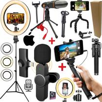 Kit Youtuber Microfone Sem Fio Celular Ios Tripé Luz Led Ring LIght Gravação Vídeo Bastão Selfie Filmagem Profissional