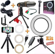 Kit Youtuber Mini Tripé + Microfone Profissional Condensador de Mesa Lapela Celular + Luz Led Anel Iluminador Ring Light