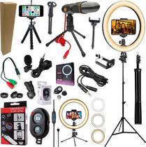 Kit Youtuber Profissional Microfone Condensador Mesa Lapela Tripé Pedestal Iluminador Luz Led Ring Light Suporte Celular Kit Youtuber Profissional Microfone Condensador Mesa Lapela Tripé Pedestal Iluminador Luz Led Ring Light Suporte Celular