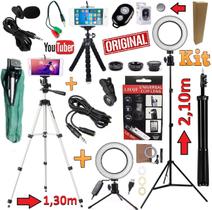 Kit Youtuber Profissional Microfone de Lapela + 2 Tripés 2,10m e 1,30m Câmera Celular Universal Luz Led Ring Light