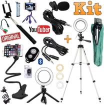 Kit Youtuber Profissional Microfone de Lapela Celular+ Tripé 1,30m Luz Led Ring Light Iluminador Bastão Kit Youtuber Profissional Microfone de Lapela Celular+ Tripé 1,30m Luz Led Ring Light Iluminador Bastão