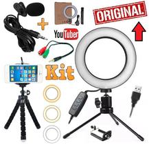 Kit Youtuber Profissional Microfone de Lapela + Tripé Flexível Câmera Celular Smartphone + Iluminador Luz Led Ring Light