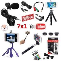 Kit Youtuber Profissional Microfone Lapela + Extensão 3m + 2 Mini Tripé Flexível Bastão Selfie Lentes Celular Universal
