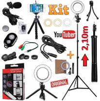 Kit Youtuber Profissional Microfone Lapela + Tripé 2,10m Câmera Celular Luz Led Iluminador Anel Ring Light + Kit Lentes - Leffa Shop