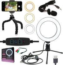 Kit Youtuber Profissional Microfone Lapela Tripé Flexível Câmera Luz Flash Anel Led Iluminador Ring Light Fotos Vídeos