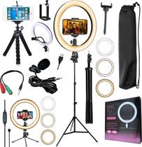 Kit Youtuber Profissional Microfone Lapela Tripé Pedestal Ring Light Iluminador Luz Anel Led Flash 26cm Suporte Celular