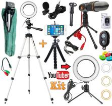 Kit Youtuber Profissional Tripé 1,30m Lapela + Microfone Mesa Pc Celular Universal + Luz Anel Ring Light Iluminador