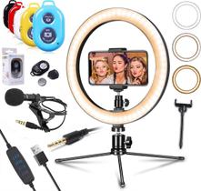 Kit Youtuber Ring Light Iluminador Led Flash Anel Luz 26cm + Tripé Microfone de Lapela Celular Profissional + Bluetooth