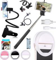 Kit Youtuber Suporte Celular Smartphone Articulado Pescoço de Ganso + Pau de Selfie Bastão Mini Clip Flash Luz Universal