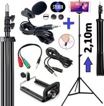 Kit Youtuber Tripé 2,10m de Alcance Pedestal + Microfone de Lapela Profissional Extensor Gravação de Vídeo Celular Live