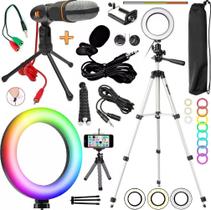 Kit Youtuber Tripé Celular Microfone de Mesa Condensador + Lapela Gravação de Vídeo Profissional Ring Light Rgb Colorido