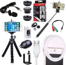 Kit Youtuber Tripé Celular Microfone Lapela + Iluminador Luz Ring Light Mini Clip Led + Bastão Selfie Controle Bluetooth