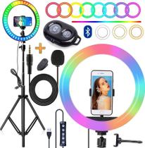 Kit Youtuber Tripé De Celular Universal + Microfone de Lapela Profissional + Ring Light Anel Iluminador Led Rgb Colorido