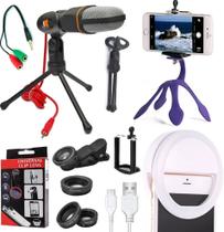 Kit Youtuber Tripé Flexível Suporte Celular + Microfone Condensador Mesa Profissional + Luz Led Anel Ring Light Original