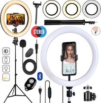 Kit Youtuber Tripé Microfone Lapela Celular + Iluminador Ring Light Anel Led Gravação de Vídeo Profissional Universal