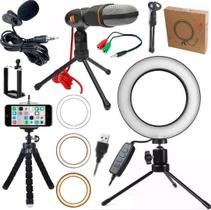 Kit Youtuber Tripé Microfone Lapela Celular Luz Anel De Led