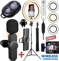 Kit Youtuber Tripé Microfone Sem Fio Para Celular Smartphone Usb Tipo C Wireless + Anel de Luz Iluminador Ring Light Led