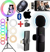 Kit Youtuber Tripé Para Celular Microfone Lapela Sem Fio iPhone + Luz Iluminador Ring Light Rgb Colorida Gravação Vídeo