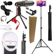 Kit Youtuber Tripé Pedestal + Microfone Condensador Profissional de Mesa Celular + Lapela Luz Iluminador Led Ring Light