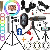 Kit Youtuber Tripé Profissional Iluminador Ring Light Luz Led Colorida Rgb Microfone Mesa Gravação Vídeo Suporte Celular